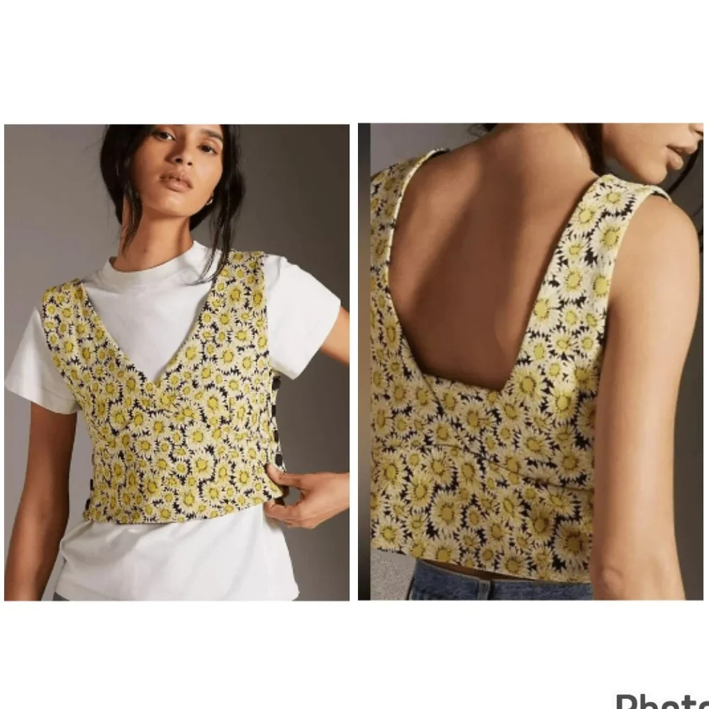 Anthropologie Yellow Floral Cropped V-Neck Tank